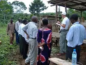 Rotarian Andrew Bartholomew teaching farmer trainers at a training centre in Kulika