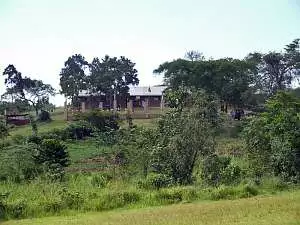 Rwabagabo School surrounded by lush green fields and trees